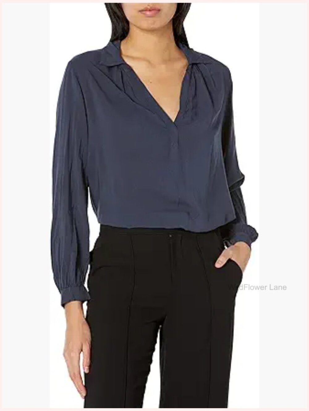 Collared V Neck Blouse with Button Front
